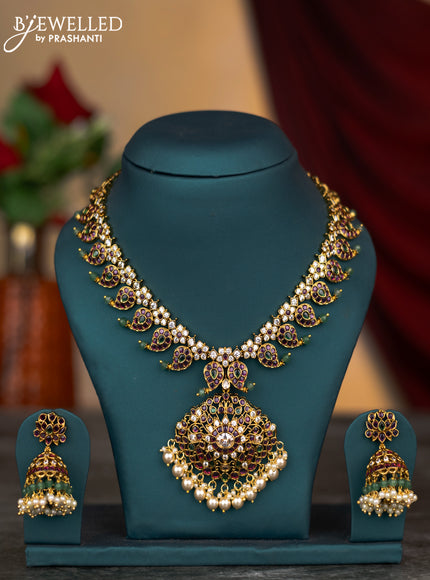 Antique changable 3 pendant necklace lakshmi & manga design with kemp & cz stones and pearl & beads hangings