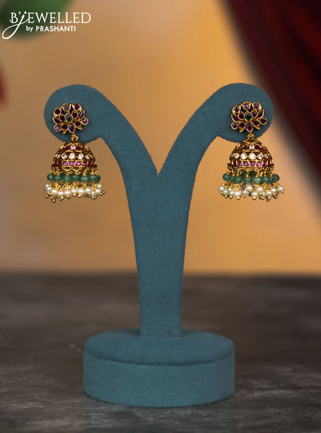 Antique changable 3 pendant necklace lakshmi & manga design with kemp & cz stones and pearl & beads hangings