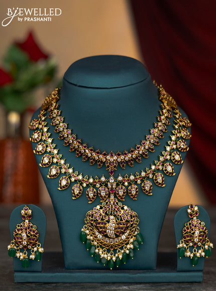 Antique necklace manga pattern with kemp & cz stones and pearl & green beads hangings