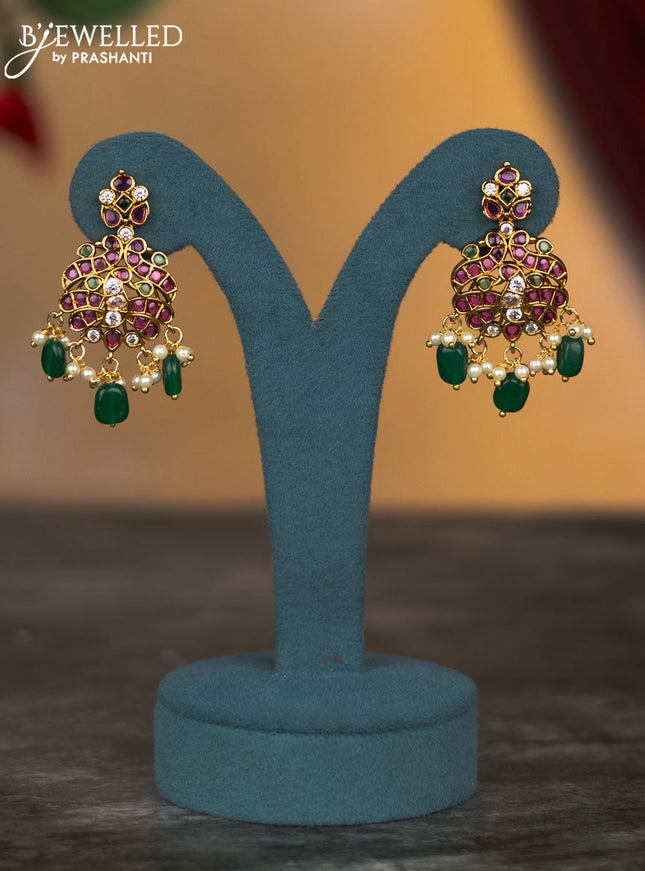 Antique necklace manga pattern with kemp & cz stones and pearl & green beads hangings