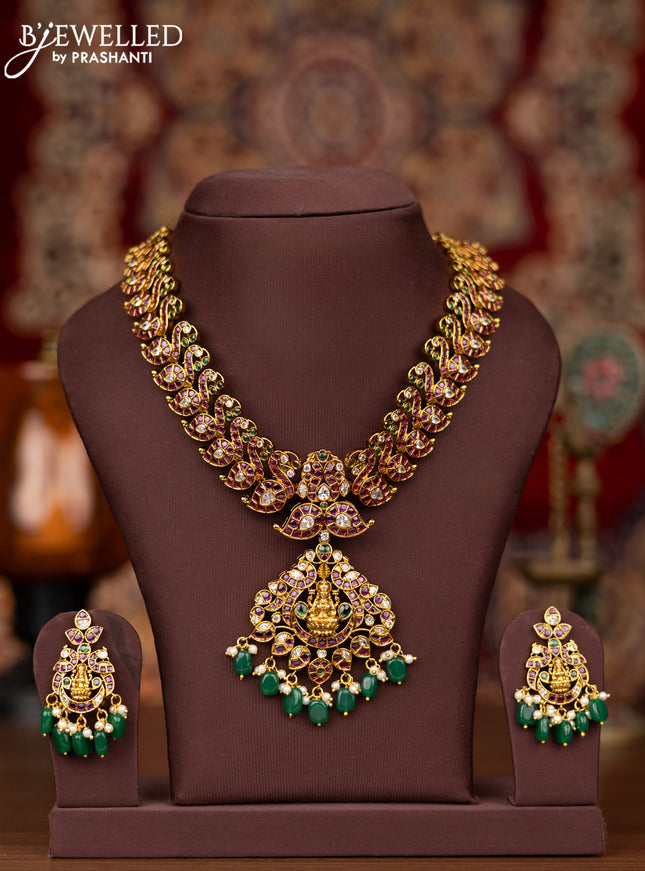 Antique removable pendant necklace manga pattern with kemp & cz stones and pearl & green beads hangings