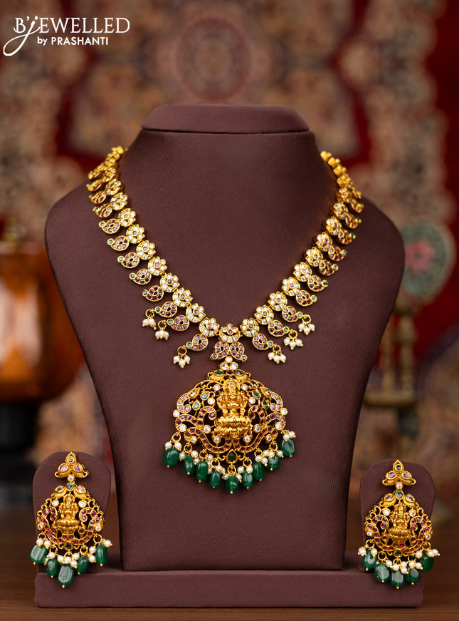 Antique necklace lakshmi & manga design with kemp & cz stones and pearl & green beads hangings
