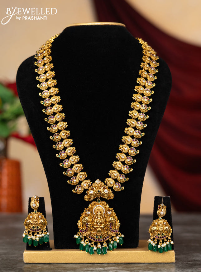 Antique haram lakshmi & manga design with kemp & cz stones and pearl & green beads hangings