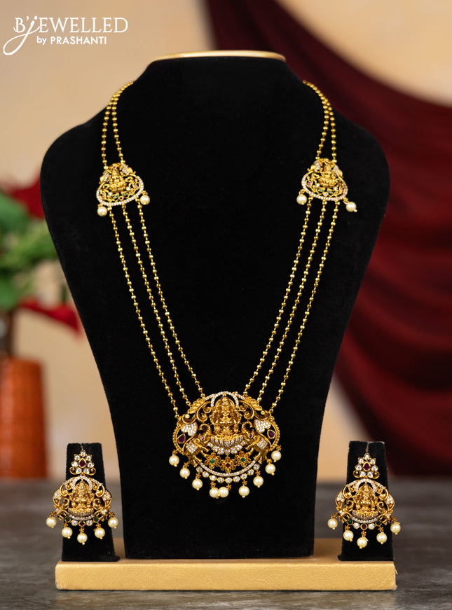 Antique triple layer haram lakshmi design with kemp & cz stones and pearl hangings
