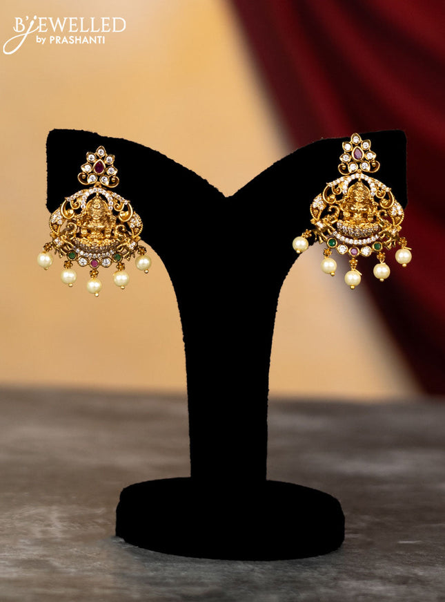 Antique triple layer haram lakshmi design with kemp & cz stones and pearl hangings