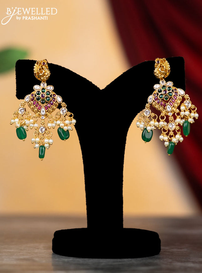 Antique haram floral & peacock design with kemp & cz stones and pearl & green beads hangings