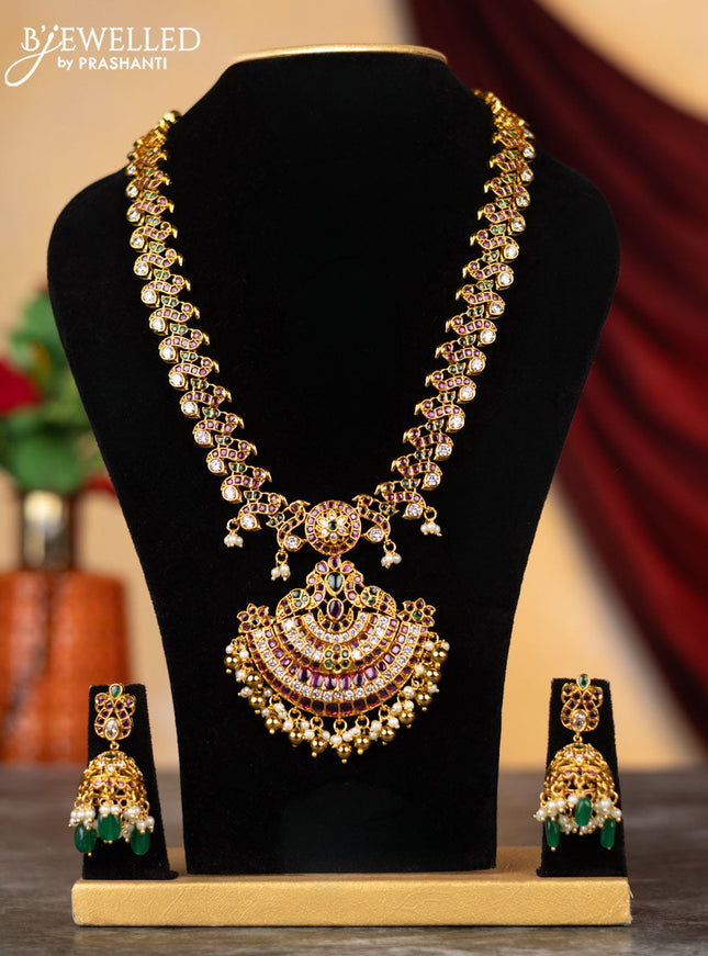 Antique haram peacock design with kemp & cz stones and pearl & golden beads hangings
