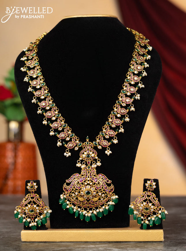 Antique haram peacock & manga design with kemp & cz stones and pearl & green beads hangings