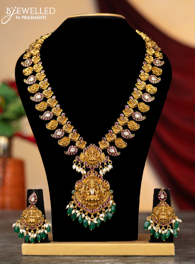 Antique haram lakshmi & manga design with kemp & cz stones and pearl & green beads hangings