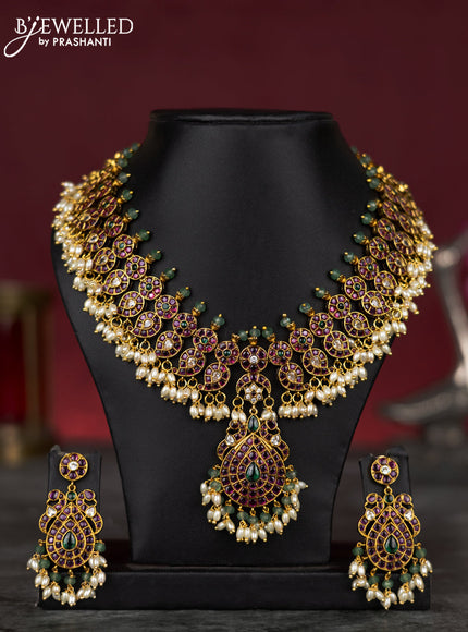 Antique guttapusalu necklace manga pattern with kemp & cz stones and pearl hangings