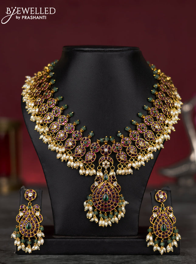 Antique guttapusalu necklace manga pattern with kemp & cz stones and pearl hangings