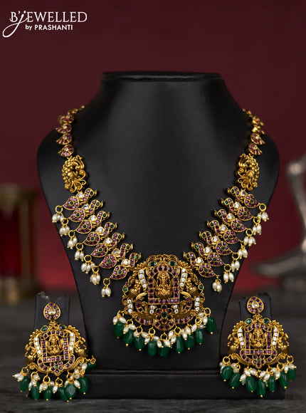 Antique guttapusalu necklace lakshmi & manga design with kemp & cz stones and pearl & green beads hangings
