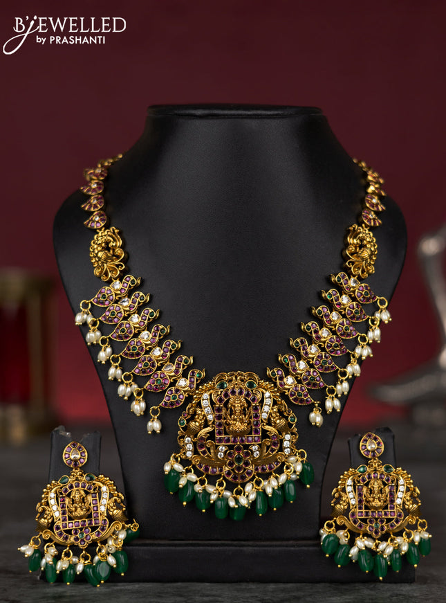 Antique guttapusalu necklace lakshmi & manga design with kemp & cz stones and pearl & green beads hangings