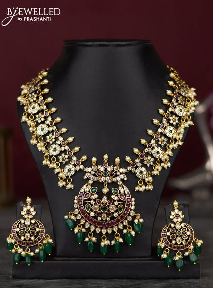 Antique guttapusalu necklace with kemp & cz stones and pearl & green beads hangings