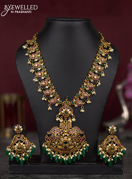 Antique guttapusalu necklace peacock & manga design with kemp & cz stones and pearl & green beads hangings