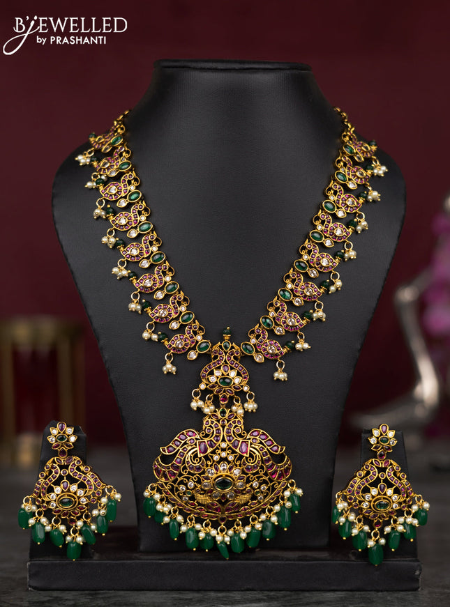 Antique guttapusalu necklace peacock & manga design with kemp & cz stones and pearl & green beads hangings