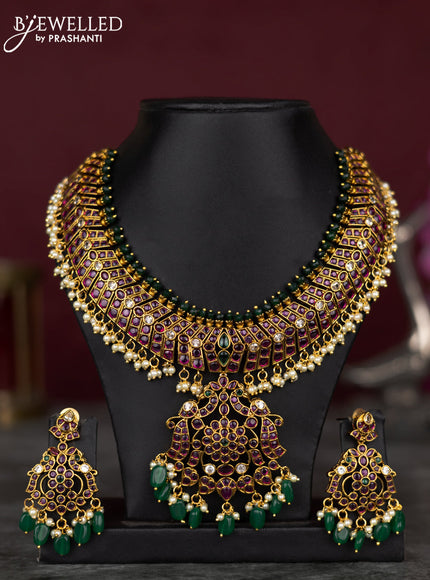 Antique guttapusalu necklace with kemp & cz stones and pearl & green beads hangings