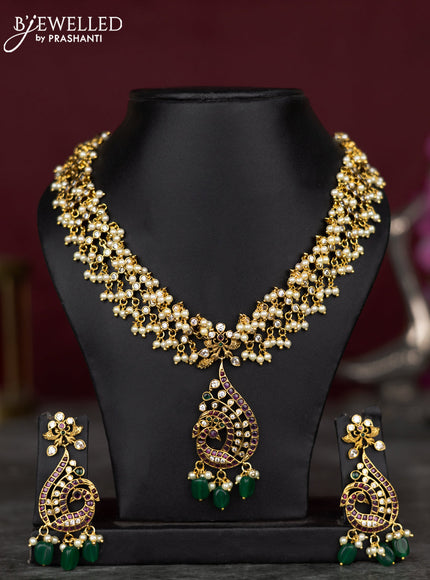 Antique guttapusalu necklace peacock design with kemp & cz stones and pearl & green beads hangings