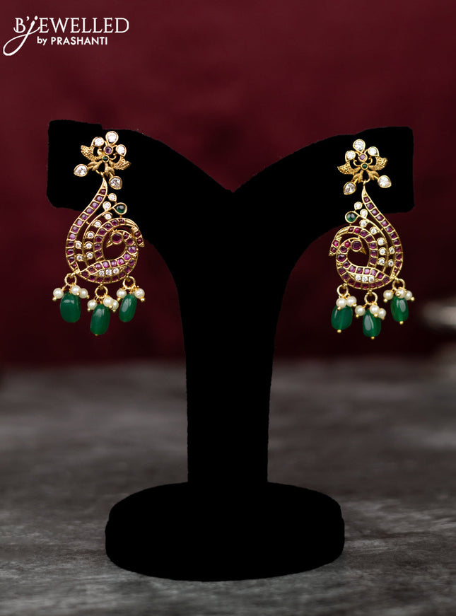 Antique guttapusalu necklace peacock design with kemp & cz stones and pearl & green beads hangings
