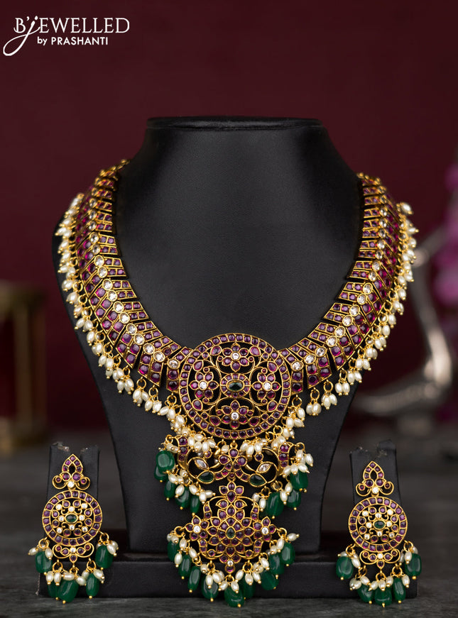 Antique guttapusalu necklace floral design with kemp & cz stones and pearl & green beads hangings