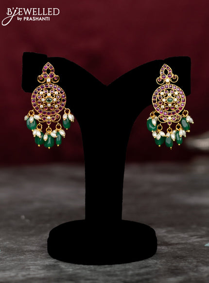 Antique guttapusalu necklace floral design with kemp & cz stones and pearl & green beads hangings