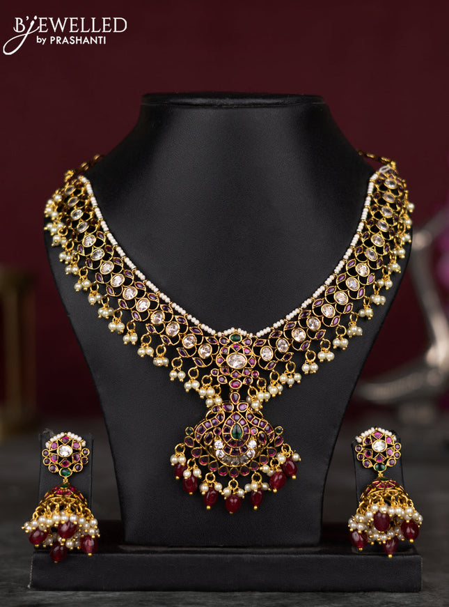 Antique guttapusalu necklace changable pendant with kemp & cz stones and pearl & pink beads hangings