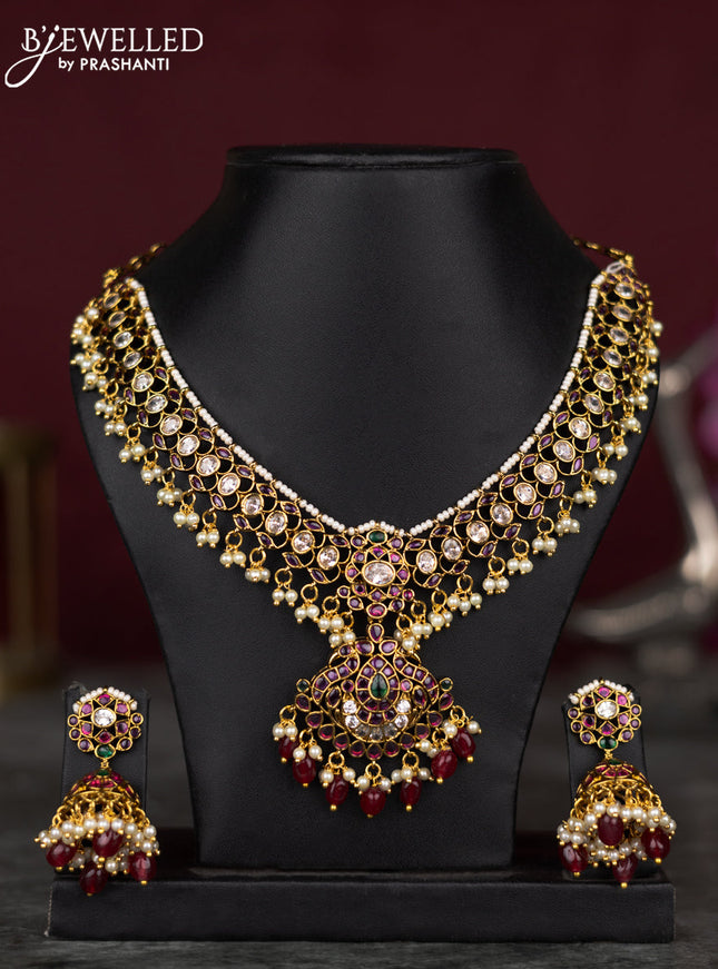 Antique guttapusalu necklace changable pendant with kemp & cz stones and pearl & pink beads hangings