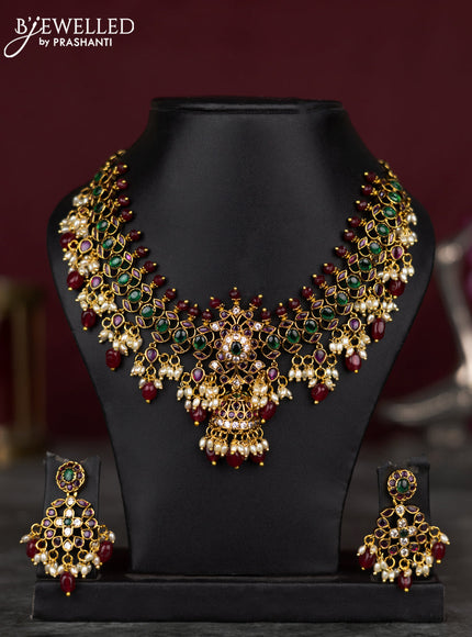 Antique guttapusalu necklace changable pendant with kemp & cz stones and pearl & pink beads hangings