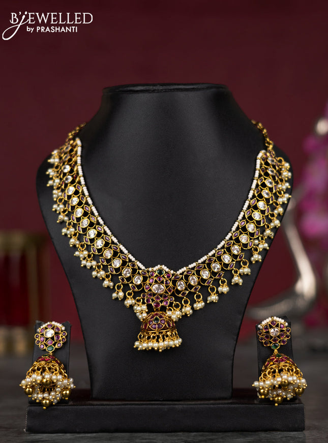 Antique guttapusalu necklace changable pendant with kemp & cz stones and pearl & golden beads hangings