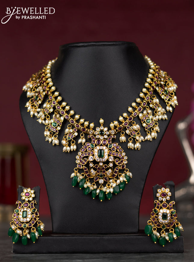 Antique guttapusalu necklace with kemp & cz stones and pearl & green beads hangings