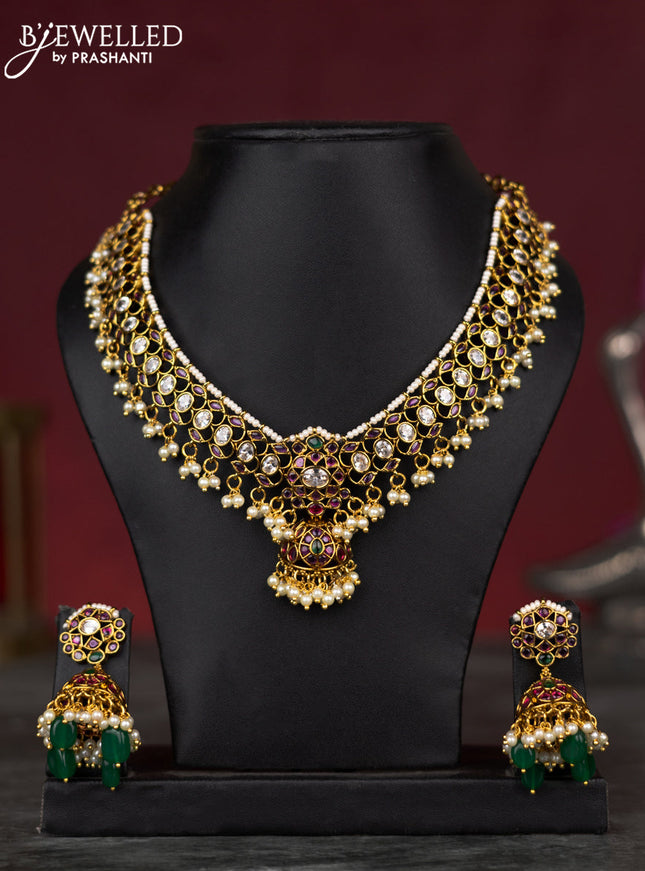 Antique guttapusalu necklace changable pendant with kemp & cz stones and pearl & green beads hangings