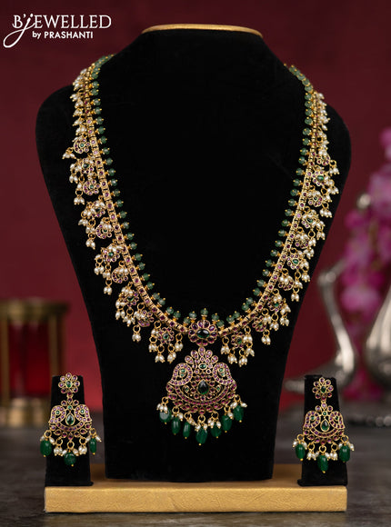 Antique guttapusalu haram with kemp stones and pearl & green beads hangings