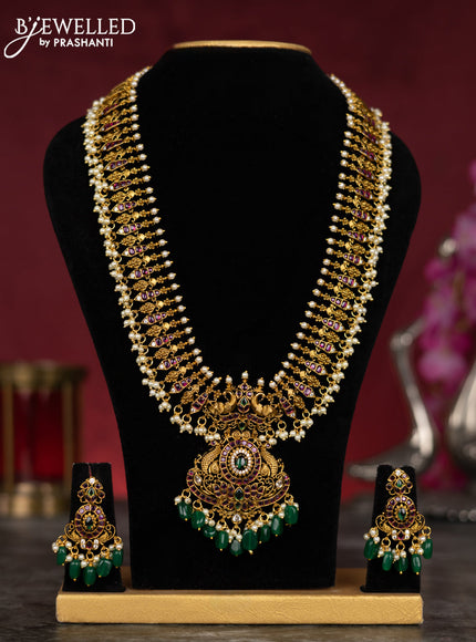 Antique guttapusalu haram peacock design with kemp & cz stones and pearl & green beads hangings
