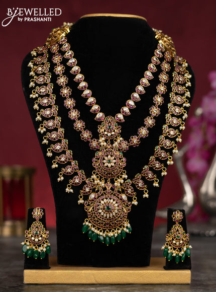 Antique guttapusalu haram floral & manga design with kemp & cz stones and pearl & green beads hangings