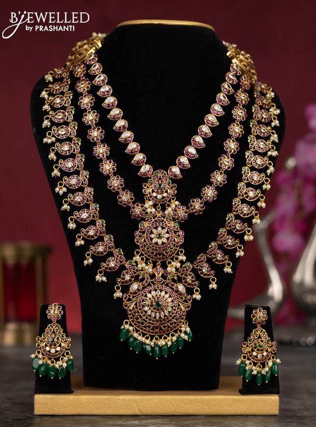 Antique guttapusalu haram floral & manga design with kemp & cz stones and pearl & green beads hangings