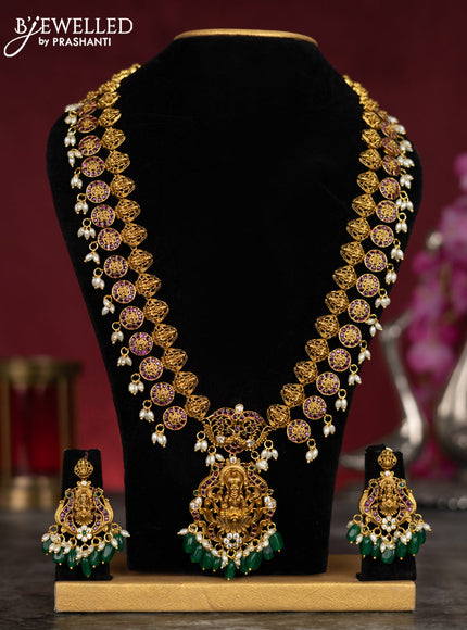 Antique guttapusalu haram lakhmi design with kemp & cz stones and pearl & green beads hangings