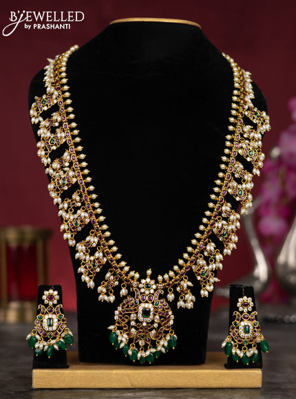 Antique guttapusalu haram with kemp & cz stones and pearl & green beads hangings