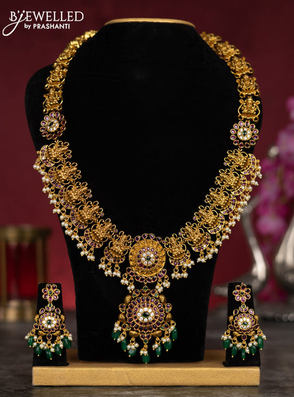 Antique guttapusalu haram lakshmi design with kemp & cz stones and pearl & green beads hangings