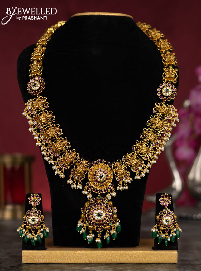 Antique guttapusalu haram lakshmi design with kemp & cz stones and pearl & green beads hangings
