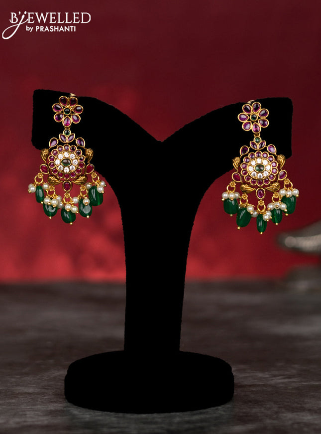 Antique guttapusalu haram lakshmi design with kemp & cz stones and pearl & green beads hangings