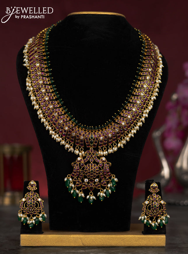 Antique guttapusalu haram with kemp & cz stones and pearl & green beads hangings