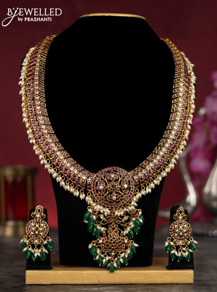 Antique guttapusalu haram with kemp & cz stones and pearl & green beads hangings