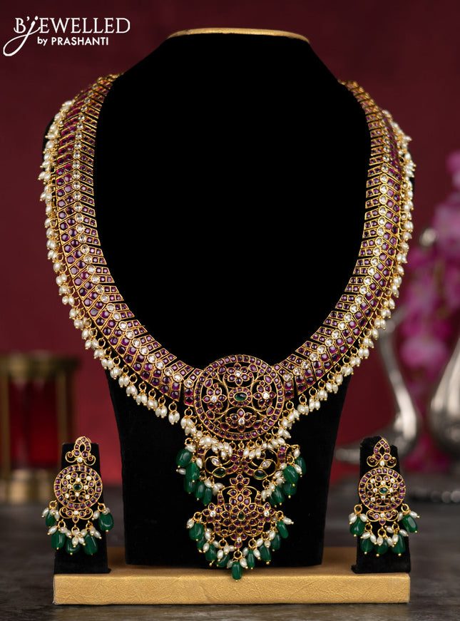 Antique guttapusalu haram with kemp & cz stones and pearl & green beads hangings