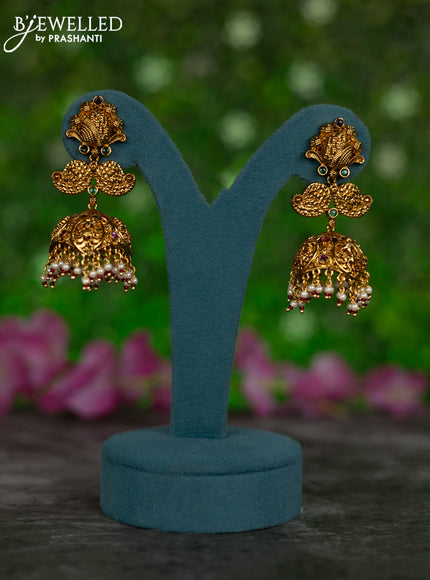 Antique jhumkas manga pattern with kemp stones and pearl hangings