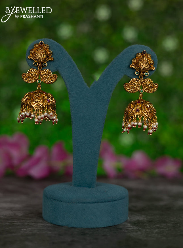 Antique jhumkas manga pattern with kemp stones and pearl hangings