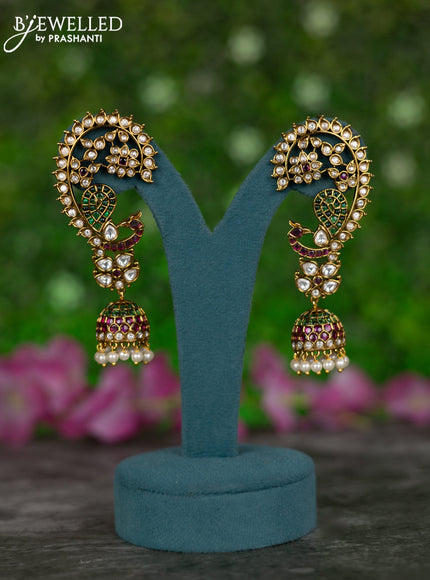 Antique earcuff jhumkas peacock design with kemp & kundan stones and pearl hangings