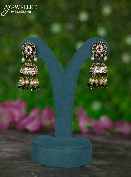 Antique jhumkas with kemp & cz stones and pearl & green beads hangings