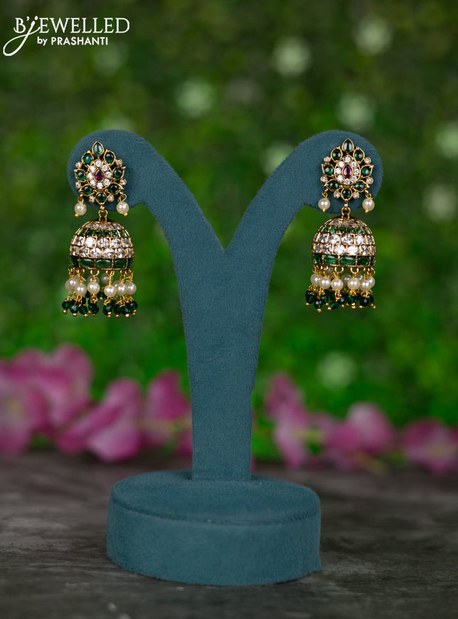 Antique jhumkas with kemp & cz stones and pearl & green beads hangings