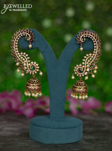 Antique earcuff jhumkas with kemp & cz stones and pearl hangings