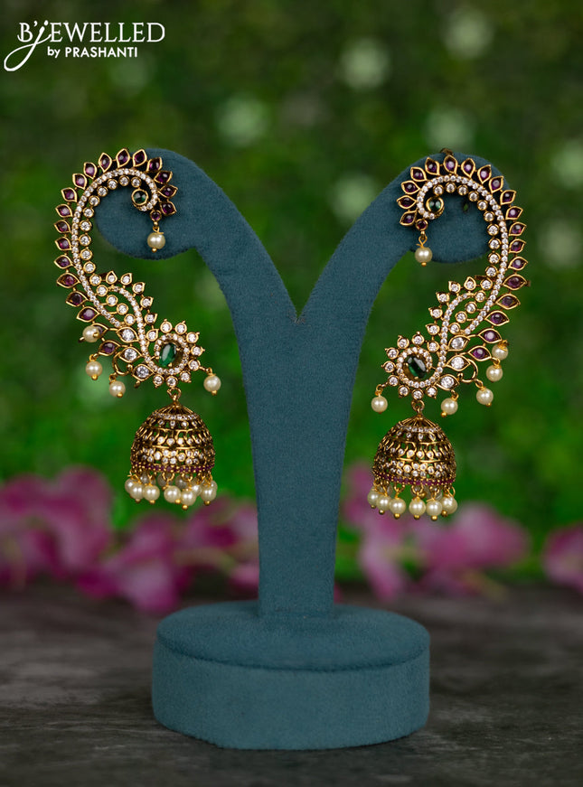 Antique earcuff jhumkas with kemp & cz stones and pearl hangings